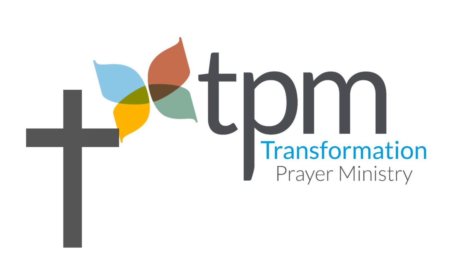 Logo for Transformation Prayer Ministry: gray cross, colorful floral design,