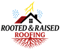 Rooted & Raised Roofing logo with house, roots, rain, and lightning in red, black, and yellow