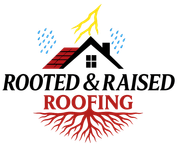 Rooted & Raised Roofing logo with house, roots, rain, and lightning in red, black, and yellow