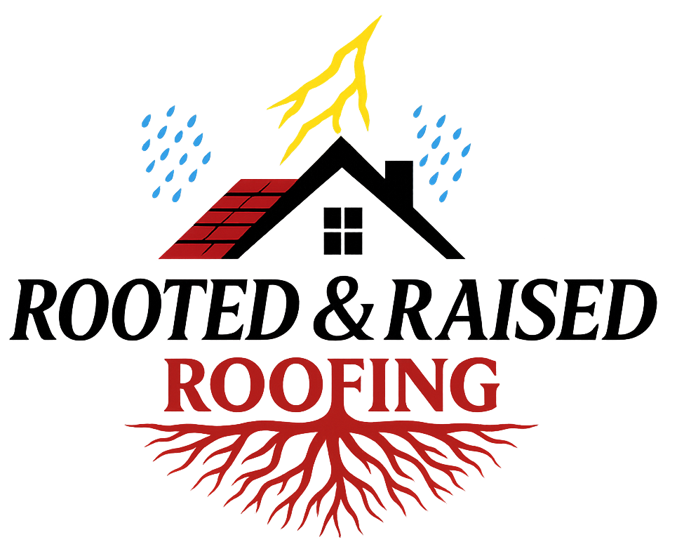 Rooted & Raised Roofing logo with house, roots, rain, and lightning in red, black, and yellow