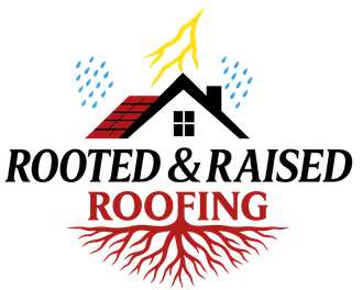 Rooted & Raised Roofing logo with house, roots, rain, and lightning in red, black, and yellow