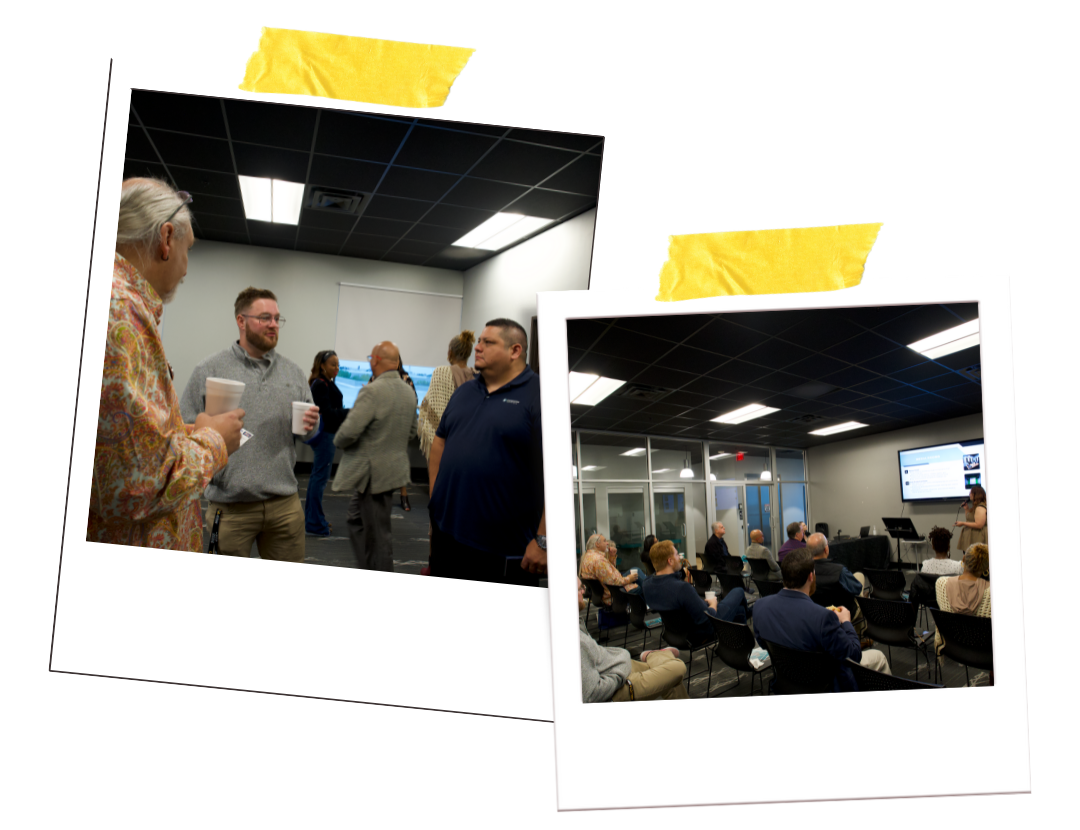 Two photos of people talking at an indoor gathering, with a seated audience in a meeting room.