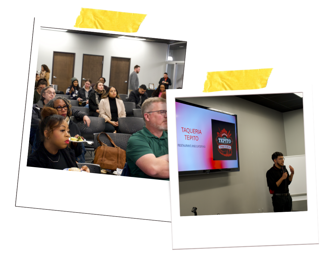 Two photos of people talking at an indoor gathering, with a seated audience in a meeting room.