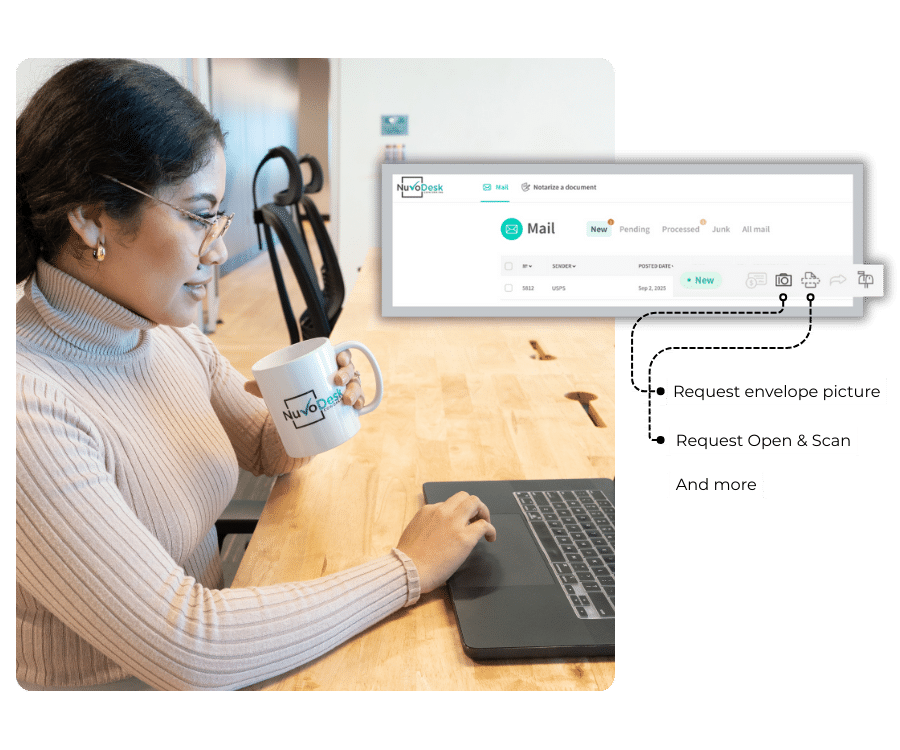 Woman using a laptop and mug at a desk, with an on-screen menu showing scan and envelope options
