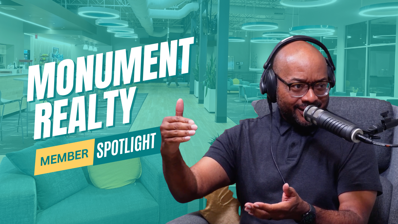 NuvoDesk member spotlight featuring a podcast guest beside the text “Monument Realty.”