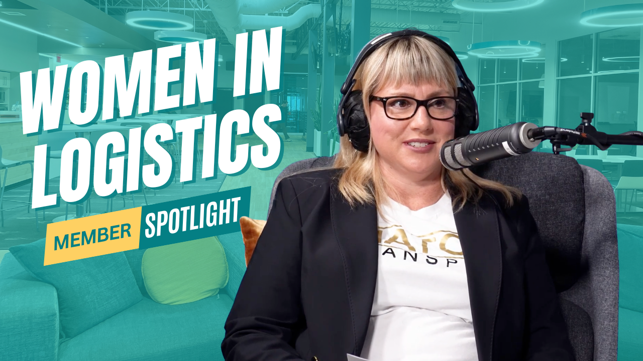NuvoDesk member spotlight featuring a woman at a podcast microphone beside the text “Women in Logistics.”