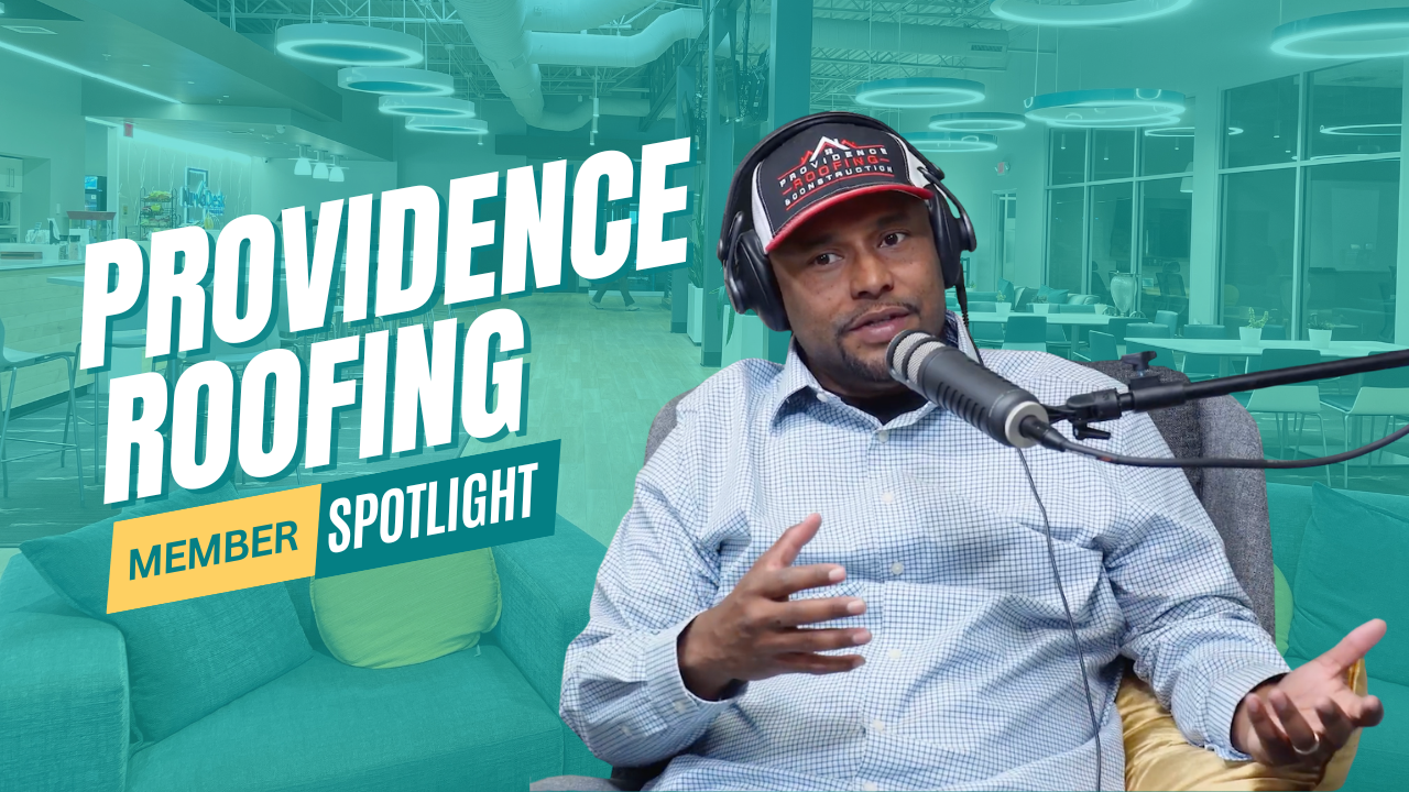 NuvoDesk member spotlight featuring a podcast guest beside the text “Providence Roofing.”