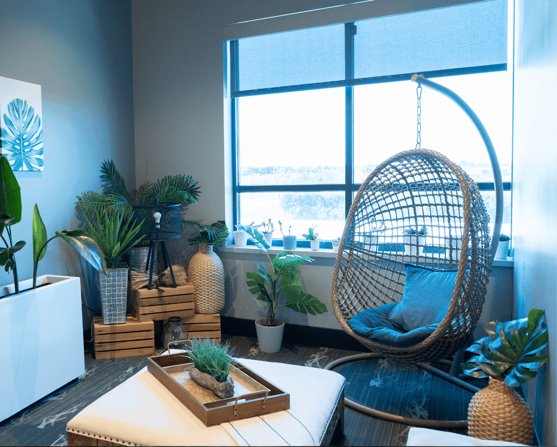 Bright living room with a hanging wicker chair, potted plants, and a large window.