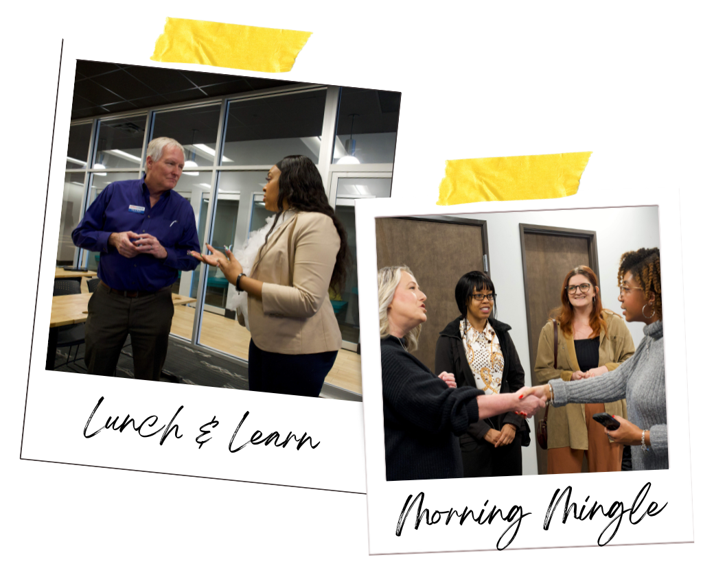 Two Polaroid-style photos of people chatting at networking events, labeled “Lunch & Learn” and “Morning Mingle.”