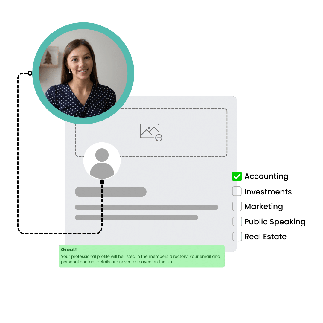 Profile dashboard with teal portrait, checklist categories, and a green text box on a light gray card