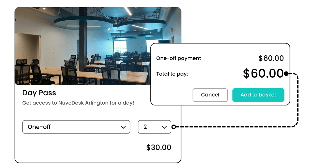 Website mockup with a yoga class hero image and a pricing card showing $60 and buttons for preview and sign up