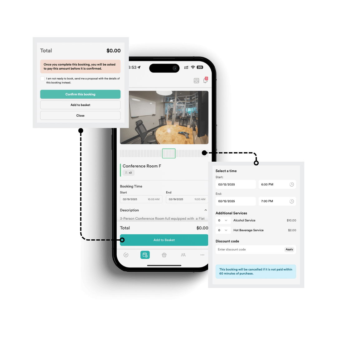 Mobile app checkout screen with payment confirmation popups and a hotel room preview on a phone.