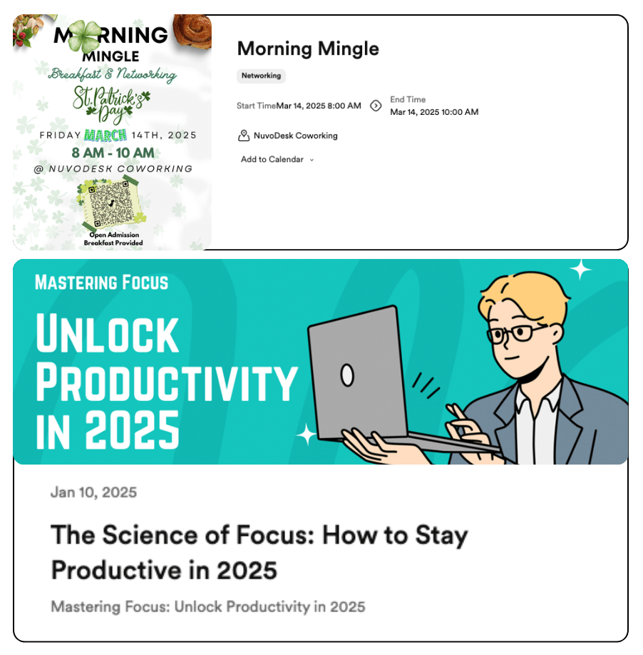 Event flyer for Morning Mingle and a teal “Unlock Productivity in 2025” focus workshop with laptop graphic