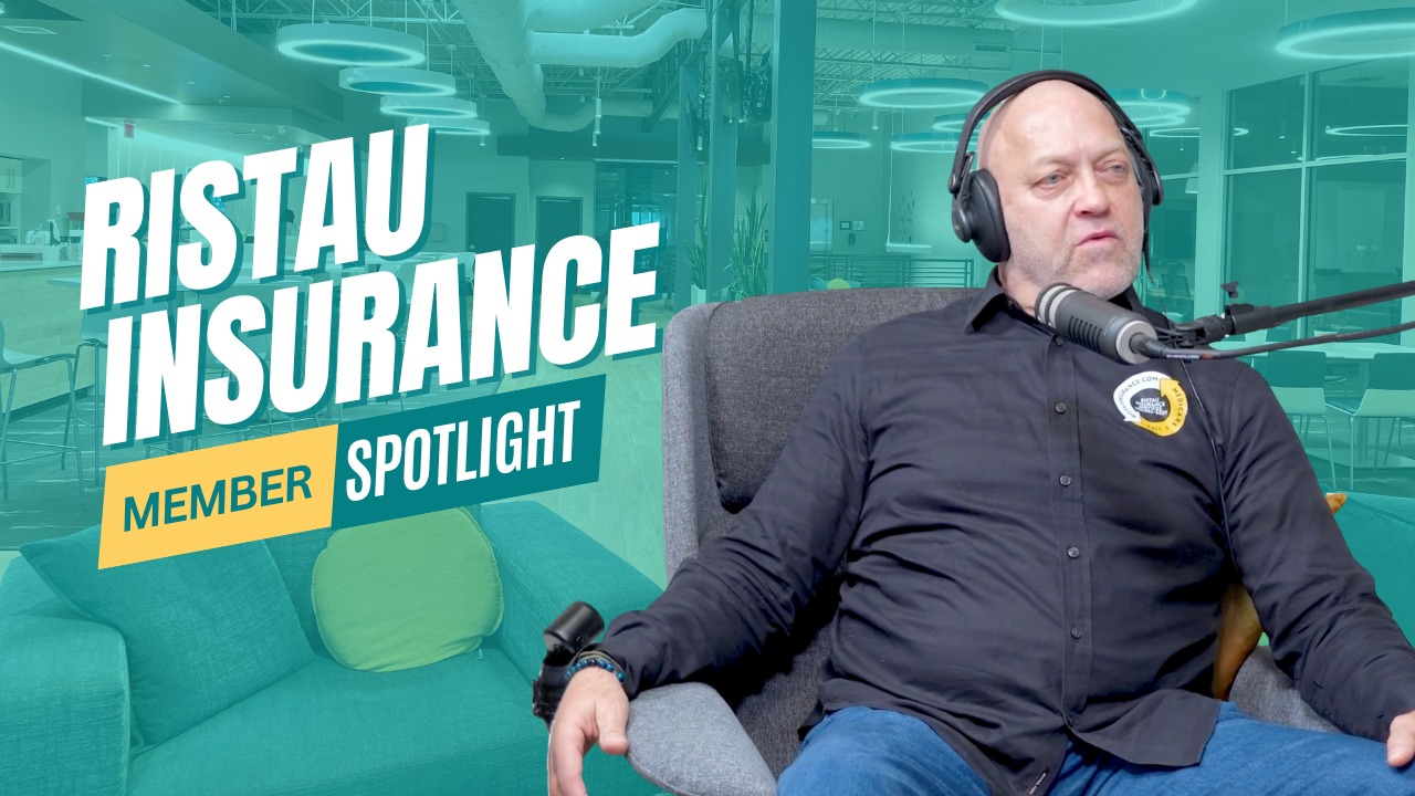 NuvoDesk member spotlight featuring a podcast guest beside the text “Ristau Insurance.”