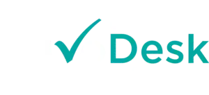 Teal checkmark next to the word “Desk” on a white background