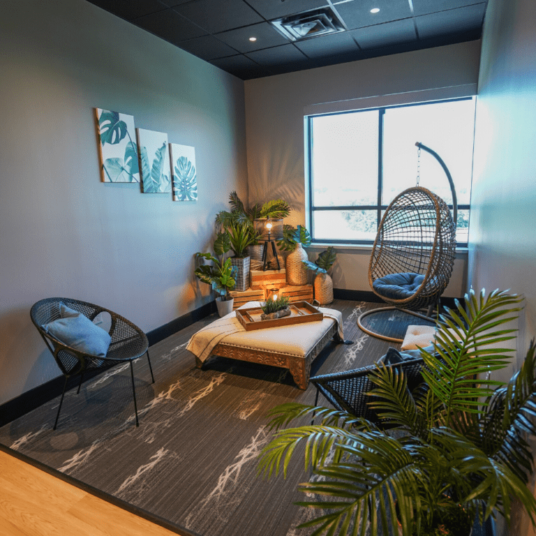 Modern cozy lounge with wicker chairs, low table, plants, and natural light from a large window