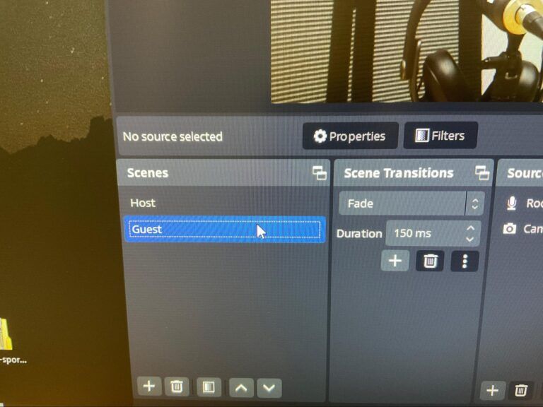 Computer screen showing OBS Studio scene and transition settings with “Guest” selected in the Scenes list.