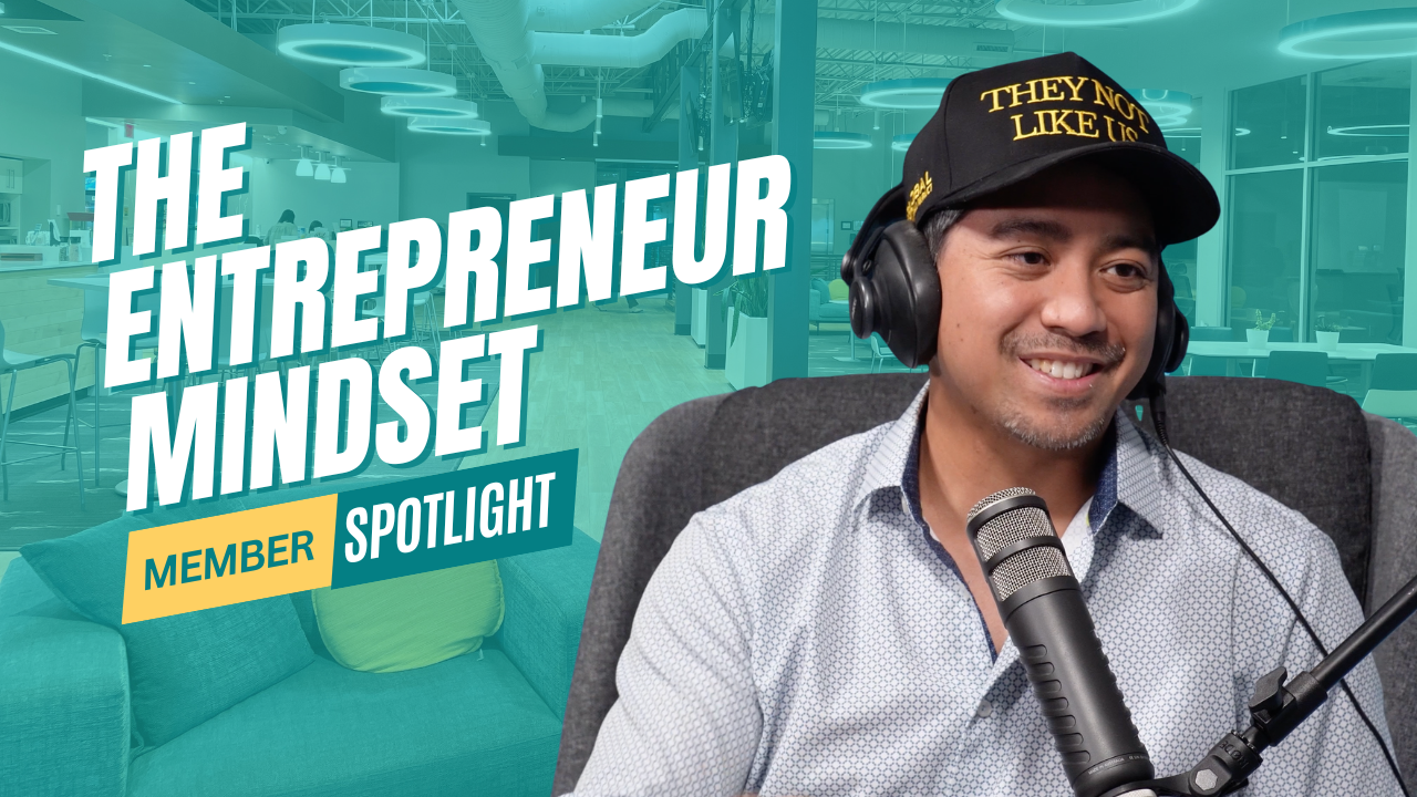 NuvoDesk member spotlight featuring a smiling podcast guest beside the text “The Entrepreneur Mindset.”