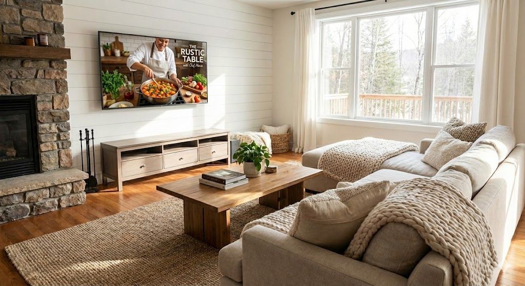Cozy living room with stone fireplace, large windows, sectional sofa, and wall-mounted TV above a wooden coffee table