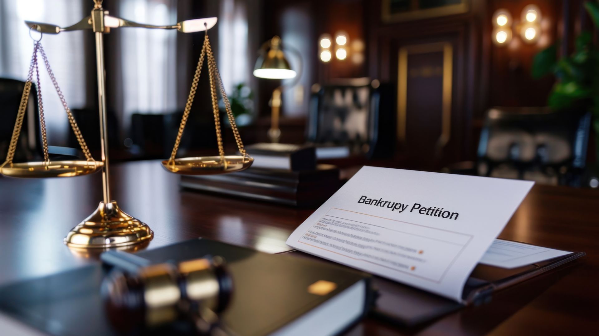 Elegant lawyer office setting featuring scales of justice and bankruptcy petition document Elegant lawyer office setting featuring scales of justice and bankruptcy petition document