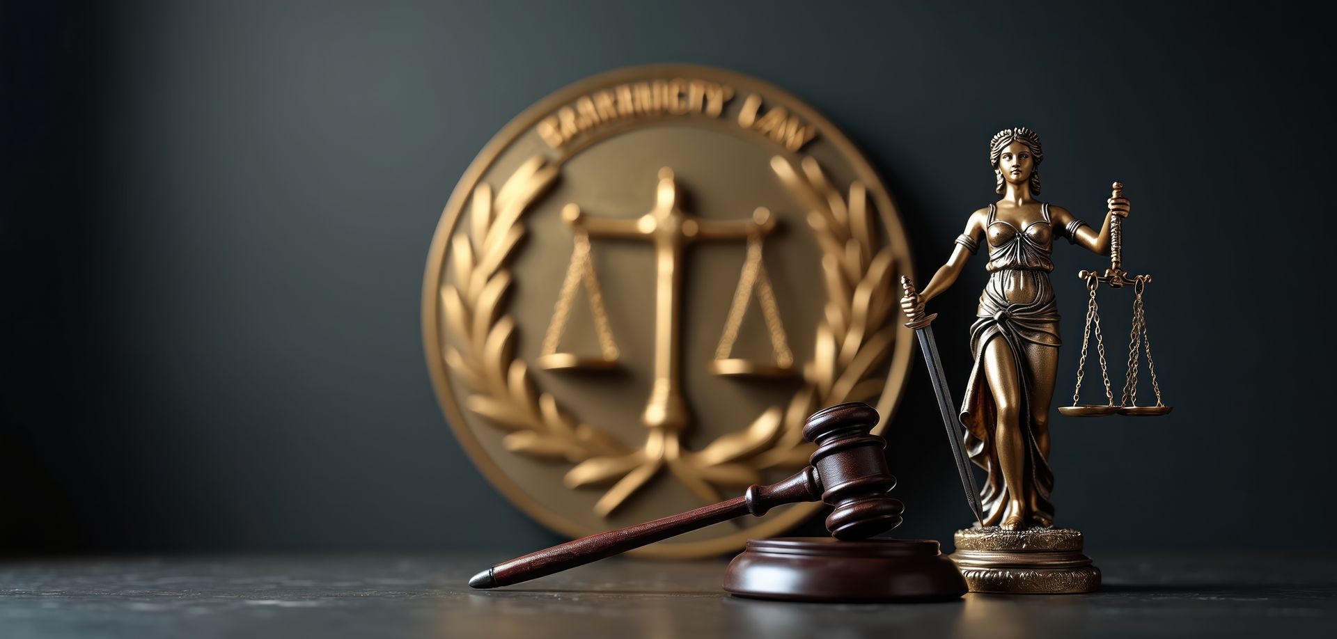 Lady Justice statue with scales and sword stands near judge gavel.