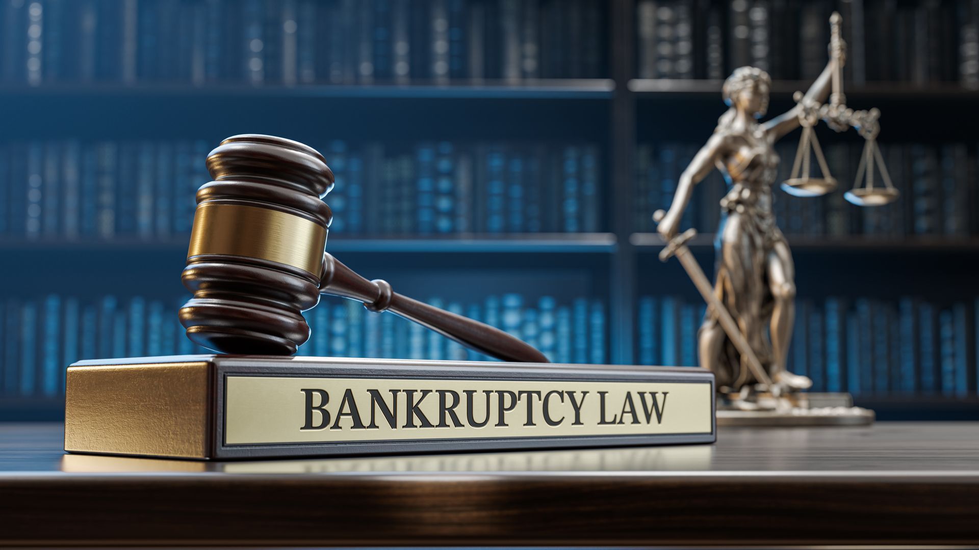 Gavel and bankruptcy law book on a desk with scales of justice in the background.