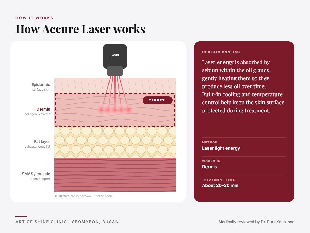 How Accure Laser works: illustrated skin cross-section showing laser light energy reaching the dermis