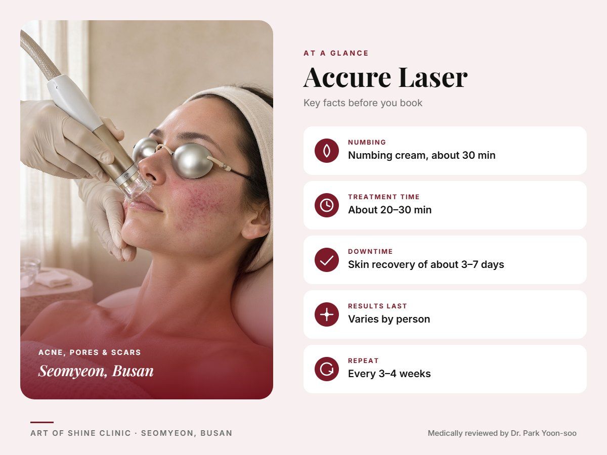 Accure Laser in Busan at a glance: numbing, treatment time (About 20&ndash;30 min), downtime, how long results last and repeat interval, Art of Shine Clinic