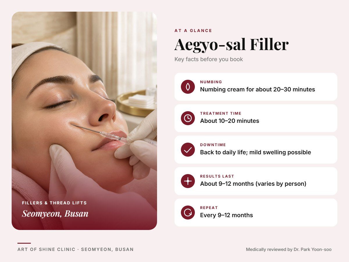 Aegyo-sal Filler in Busan at a glance: numbing, treatment time (About 10&ndash;20 minutes), downtime, how long results last and repeat interval, Art of Shine Clinic