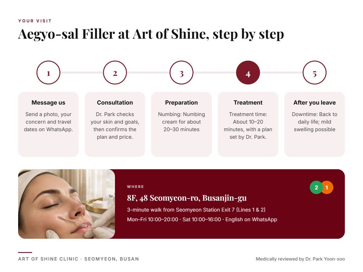 Your Aegyo-sal Filler visit at Art of Shine Clinic in Seomyeon, Busan in 5 steps, from WhatsApp booking to aftercare