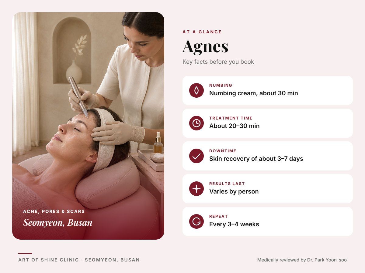 Agnes in Busan at a glance: numbing, treatment time (About 20&ndash;30 min), downtime, how long results last and repeat interval, Art of Shine Clinic