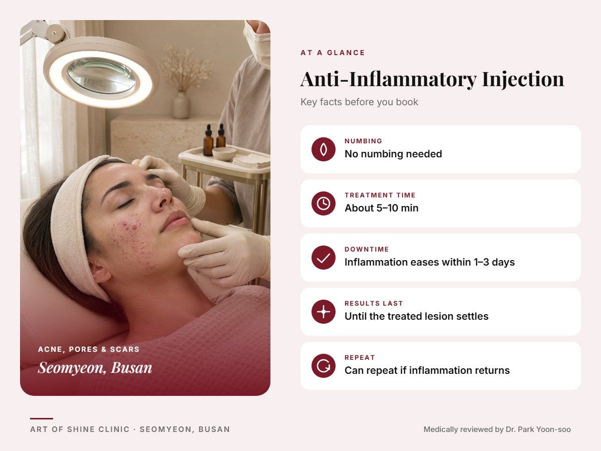 Anti-Inflammatory Injection in Busan at a glance: numbing, treatment time (About 5&ndash;10 min), downtime, how long results last and repeat interval, Art of Shine Clinic