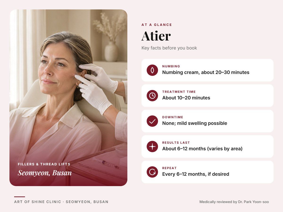 Atier in Busan at a glance: numbing, treatment time (About 10&ndash;20 minutes), downtime, how long results last and repeat interval, Art of Shine Clinic