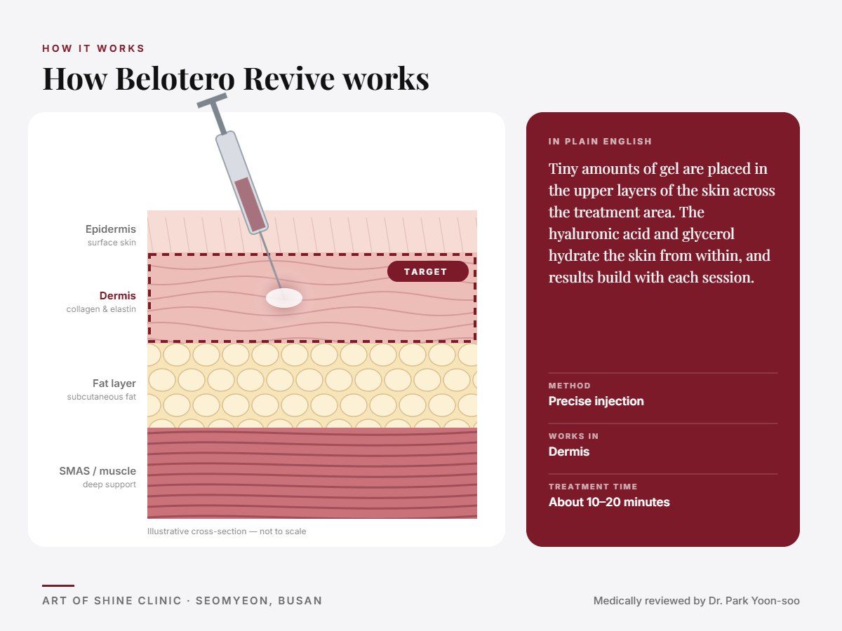 How Belotero Revive works: illustrated skin cross-section showing precise injection reaching the dermis