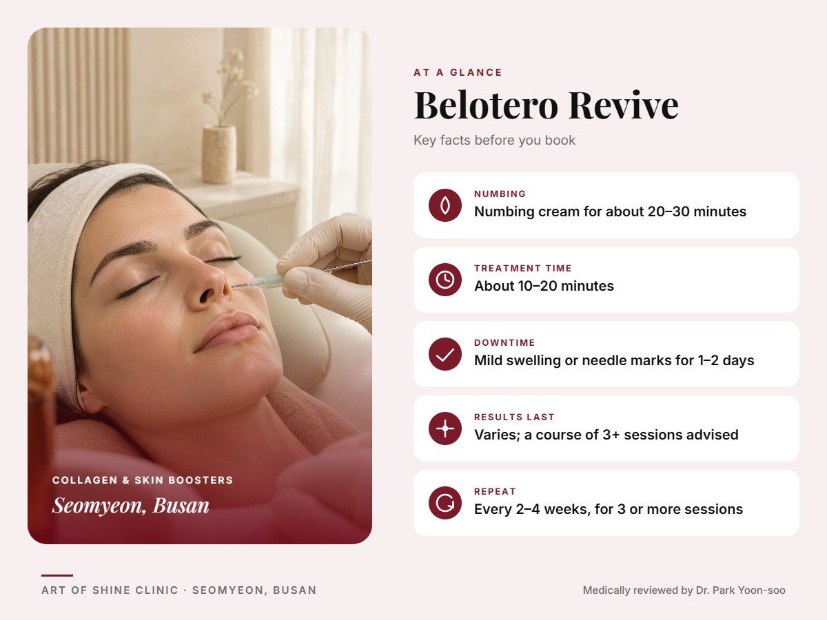 Belotero Revive in Busan at a glance: numbing, treatment time (About 10&ndash;20 minutes), downtime, how long results last and repeat interval, Art of Shine Clinic