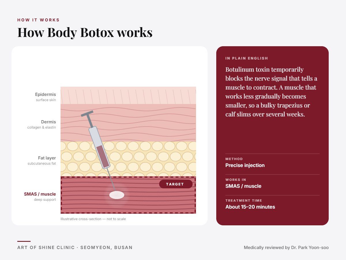 How Body Botox works: illustrated skin cross-section showing precise injection reaching the SMAS and muscle layer