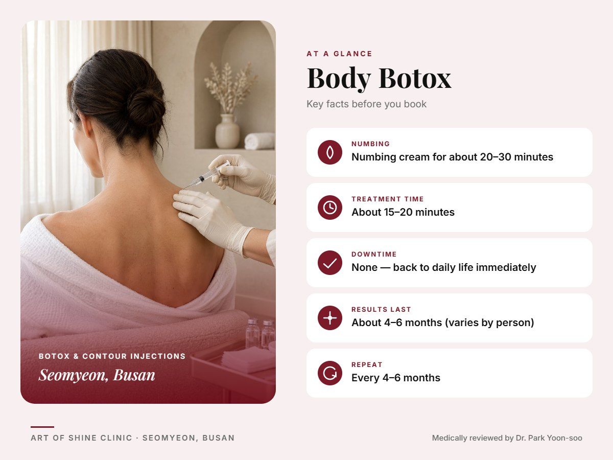 Body Botox in Busan at a glance: numbing, treatment time (About 15&ndash;20 minutes), downtime, how long results last and repeat interval, Art of Shine Clinic