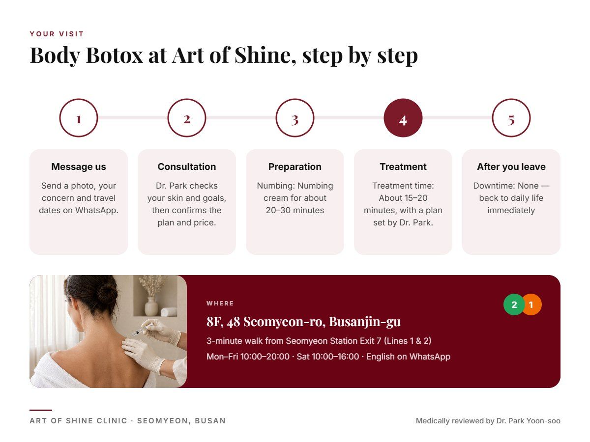 Your Body Botox visit at Art of Shine Clinic in Seomyeon, Busan in 5 steps, from WhatsApp booking to aftercare