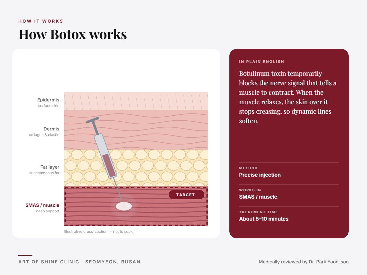 How Botox works: illustrated skin cross-section showing precise injection reaching the SMAS and muscle layer