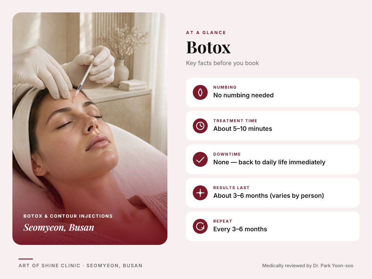 Botox in Busan at a glance: numbing, treatment time (About 5&ndash;10 minutes), downtime, how long results last and repeat interval, Art of Shine Clinic