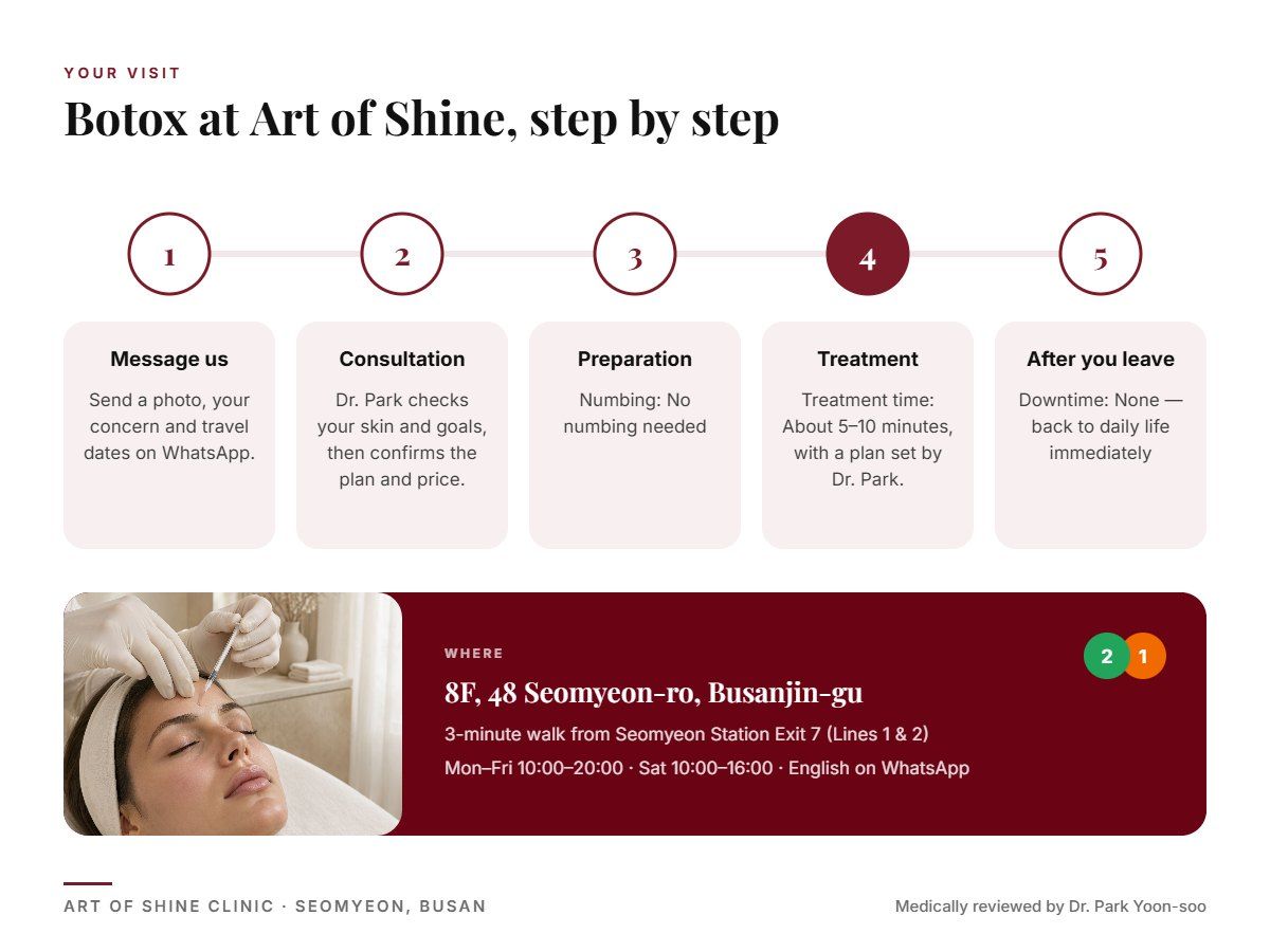 Your Botox visit at Art of Shine Clinic in Seomyeon, Busan in 5 steps, from WhatsApp booking to aftercare