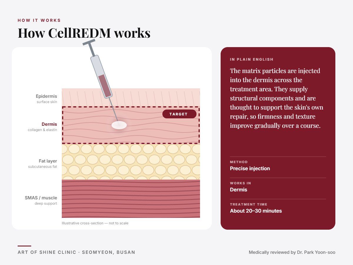 How CellREDM works: illustrated skin cross-section showing precise injection reaching the dermis