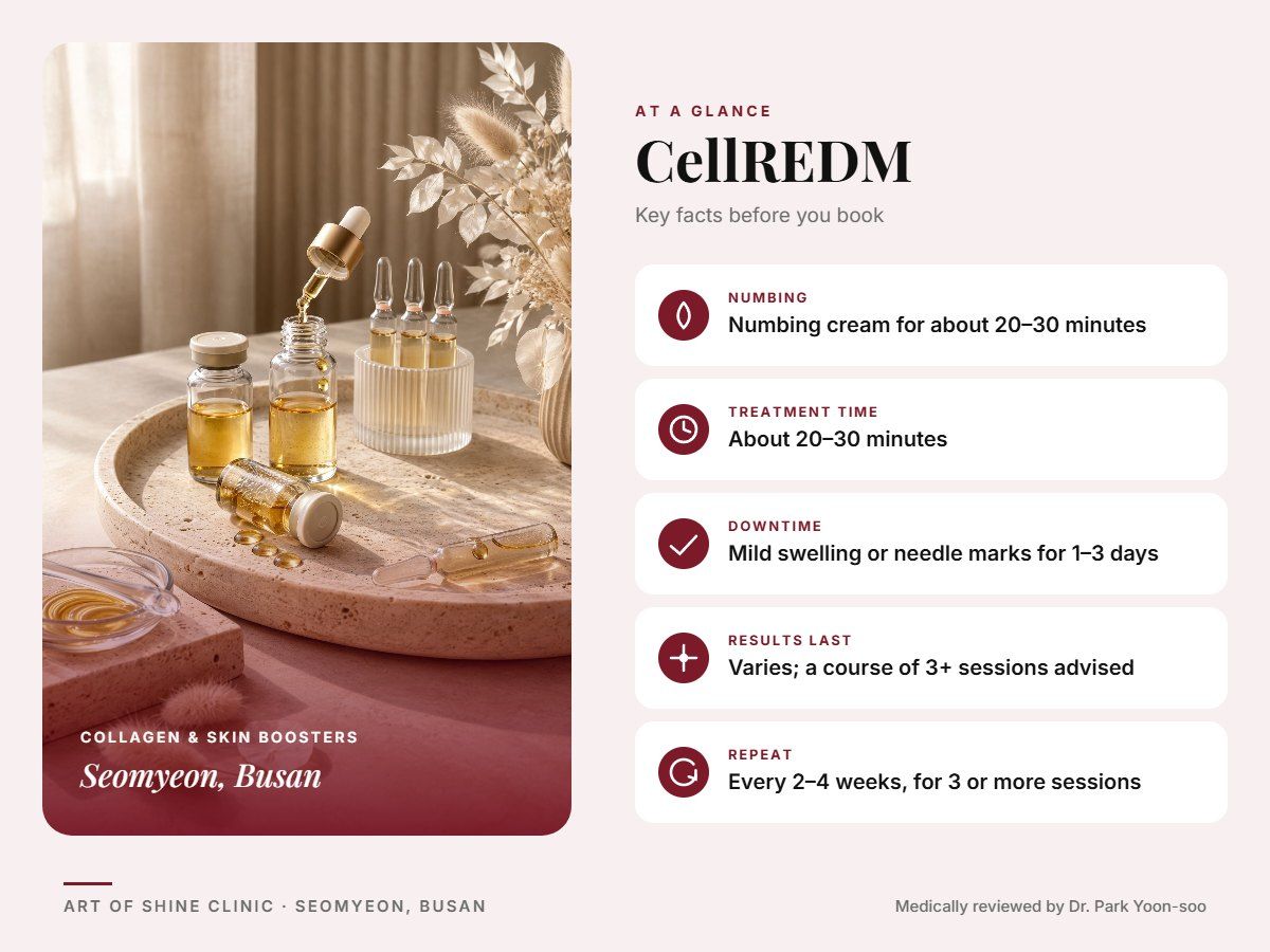 CellREDM in Busan at a glance: numbing, treatment time (About 20&ndash;30 minutes), downtime, how long results last and repeat interval, Art of Shine Clinic