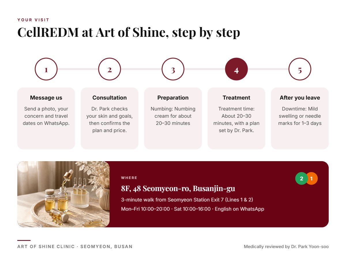 Your CellREDM visit at Art of Shine Clinic in Seomyeon, Busan in 5 steps, from WhatsApp booking to aftercare