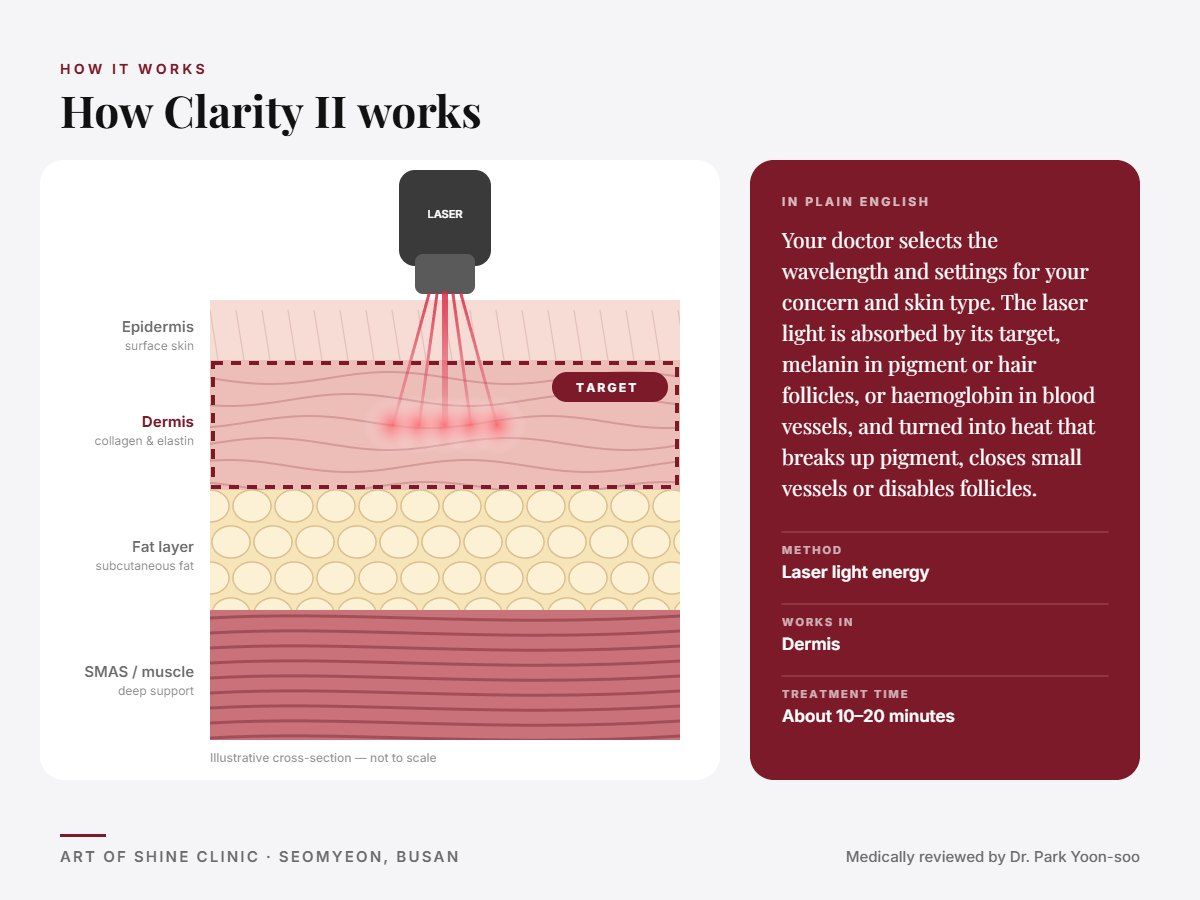 How Clarity II works: illustrated skin cross-section showing laser light energy reaching the dermis