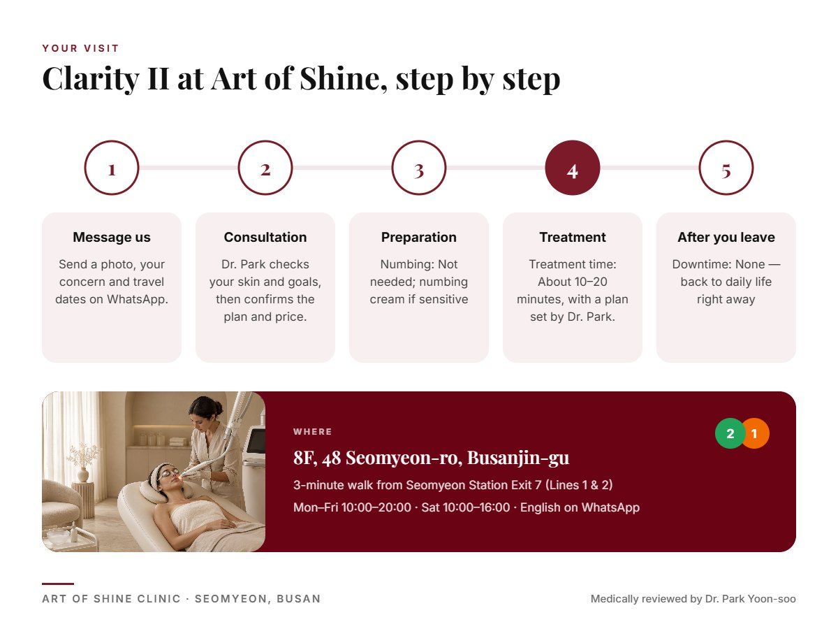 Your Clarity II visit at Art of Shine Clinic in Seomyeon, Busan in 5 steps, from WhatsApp booking to aftercare