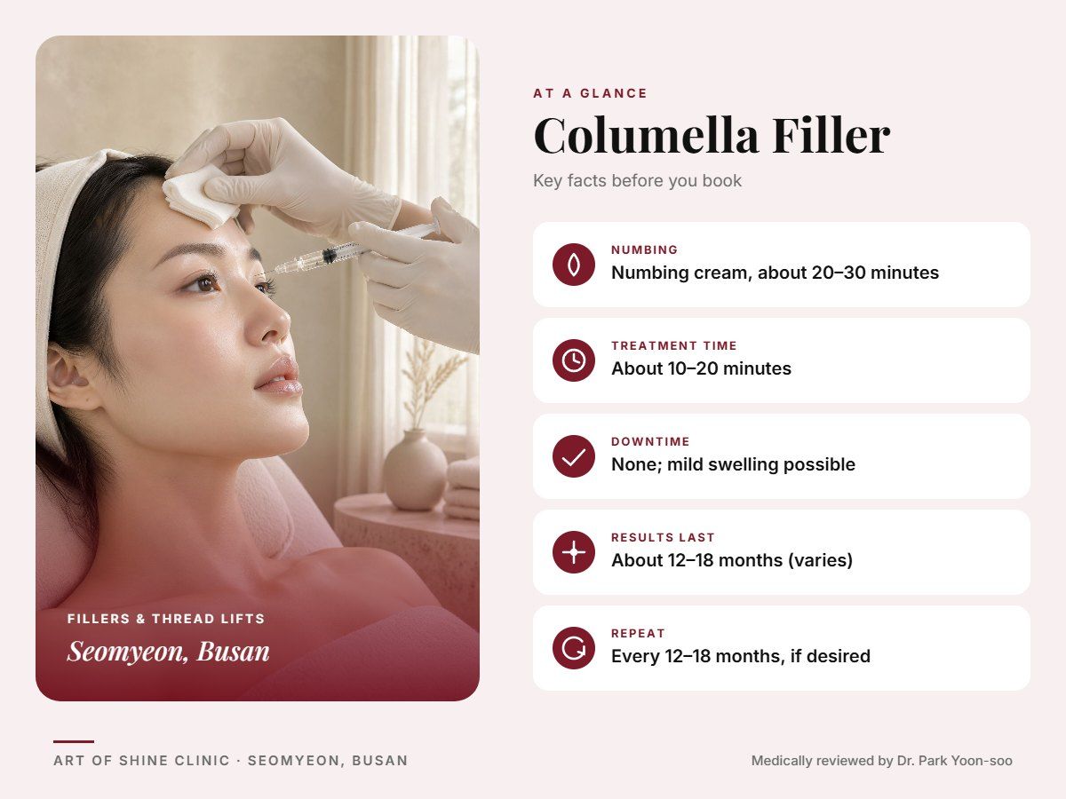 Columella Filler in Busan at a glance: numbing, treatment time (About 10&ndash;20 minutes), downtime, how long results last and repeat interval, Art of Shine Clinic