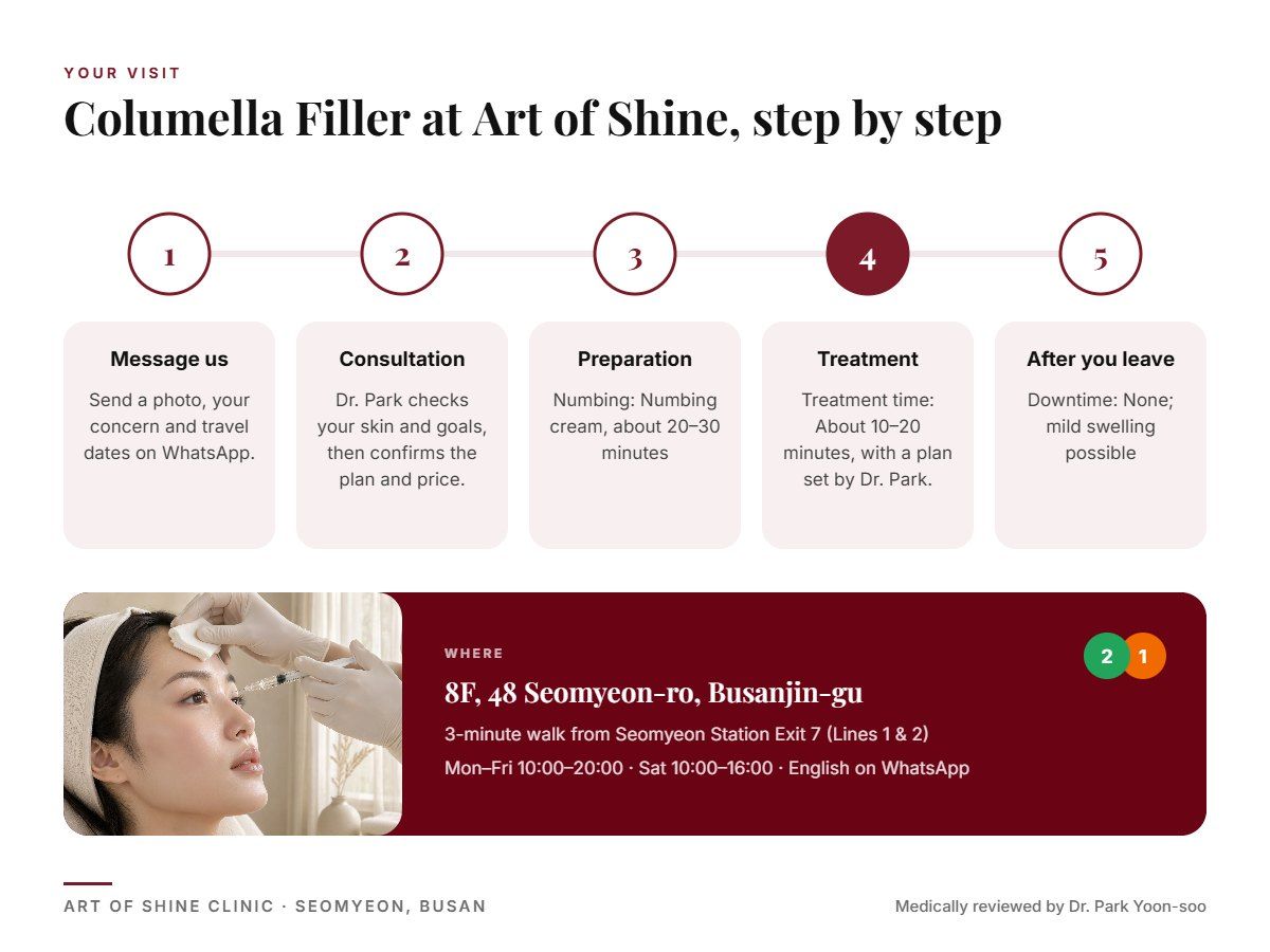 Your Columella Filler visit at Art of Shine Clinic in Seomyeon, Busan in 5 steps, from WhatsApp booking to aftercare