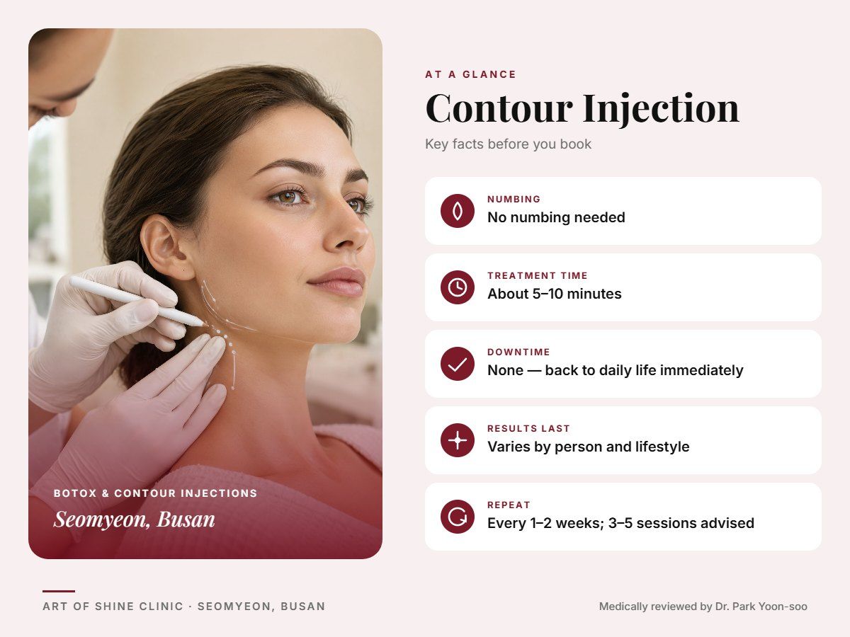 Contour Injection in Busan at a glance: numbing, treatment time (About 5&ndash;10 minutes), downtime, how long results last and repeat interval, Art of Shine Clinic