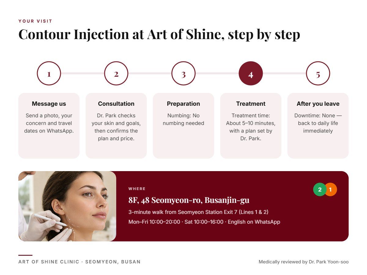 Your Contour Injection visit at Art of Shine Clinic in Seomyeon, Busan in 5 steps, from WhatsApp booking to aftercare